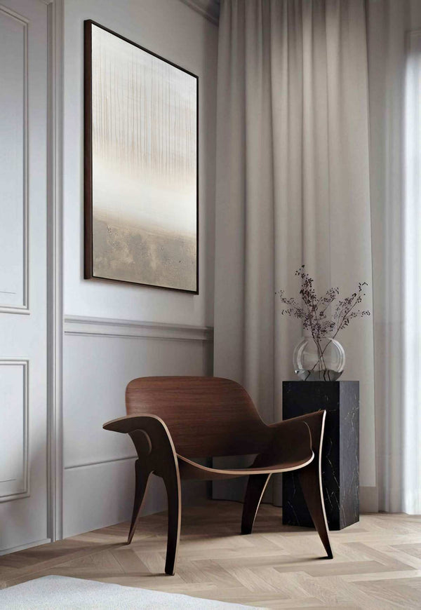 Atacama, cream original abstract painting shown in a styled living room, by Nemanja Nikolic