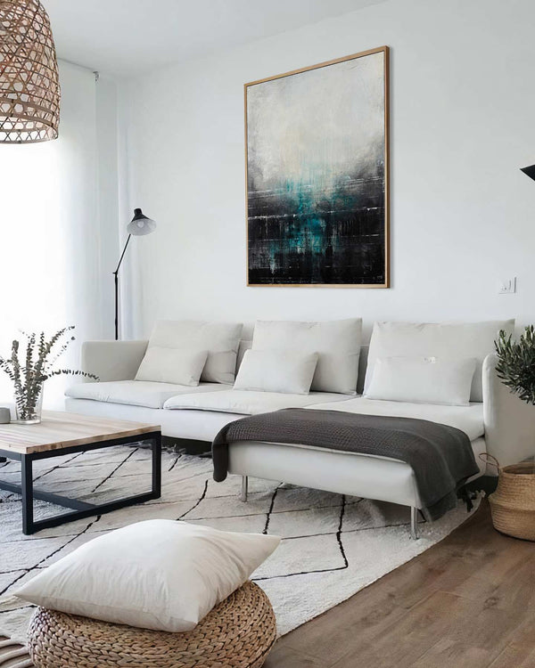 Atlantis, grey original abstract painting shown in a styled living room, by Nemanja Nikolic