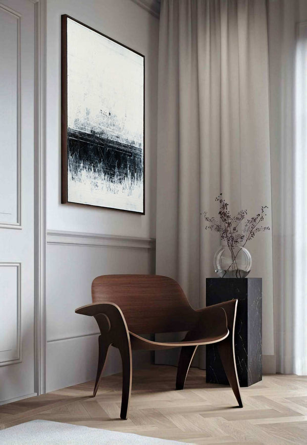 At the River, white original abstract painting shown in a styled living room, by Nemanja Nikolic