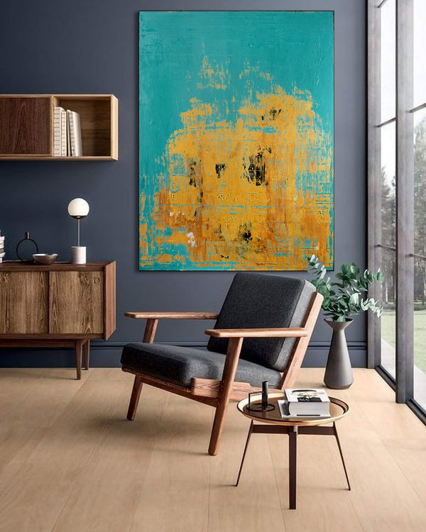 Aurea Caelo, turquoise original abstract painting shown in a styled living room, by Nemanja Nikolic