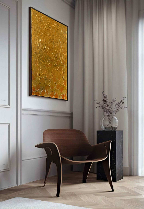 Aureus, gold original abstract painting shown on a feature wall, by Nemanja Nikolic