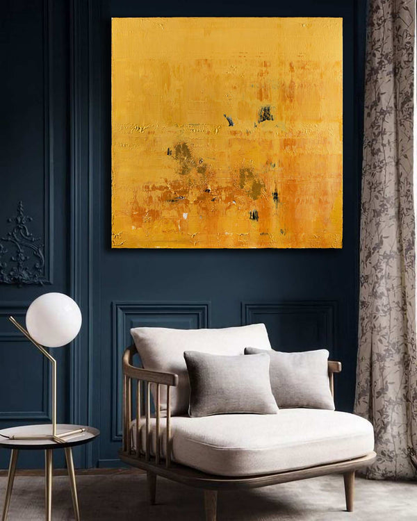 Aurum, yellow original abstract painting shown in a styled living room, by Nemanja Nikolic