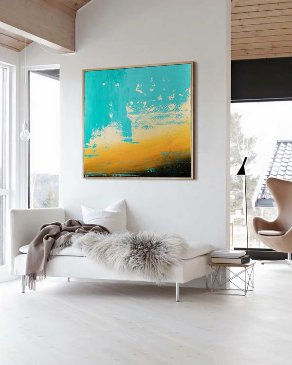 Before Nightfall, turquoise original abstract painting shown in a styled living room, by Nemanja Nikolic