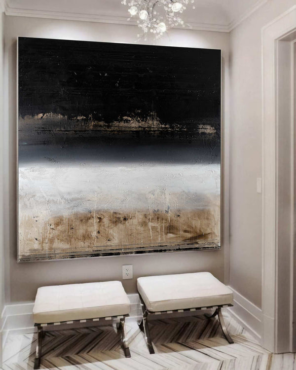 Beneath the clouds, black original abstract painting shown in a styled living room, by Nemanja Nikolic