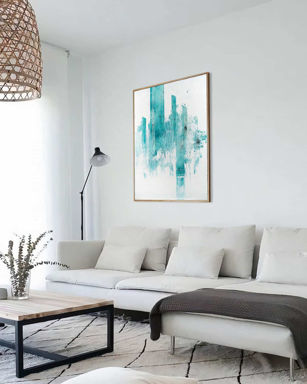 Between the Lines, white original abstract painting shown in a styled living room, by Nemanja Nikolic