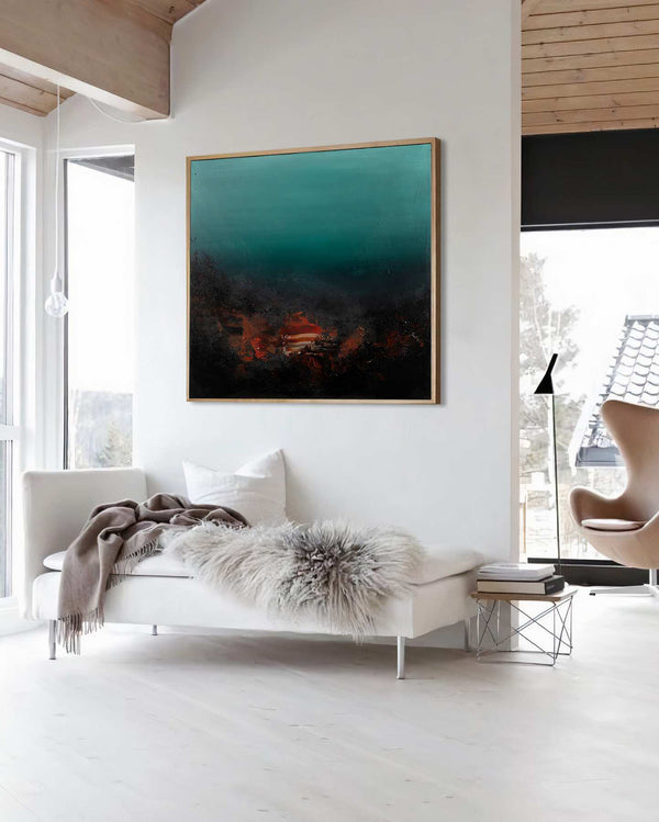 Black Sun Empire, teal original abstract painting shown in a styled living room, by Nemanja Nikolic