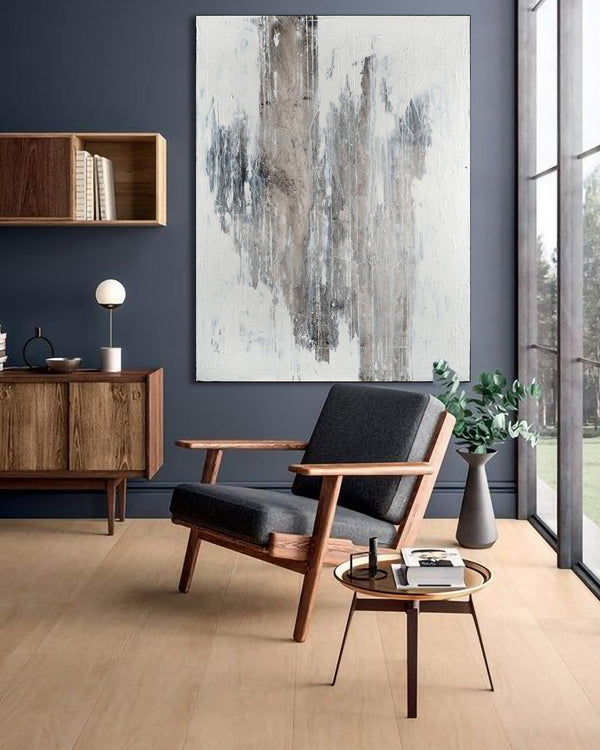 Blackened, white original abstract painting shown in a modern interior, by Nemanja Nikolic