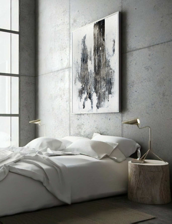 Blaken, white original abstract painting shown in a styled living room, by Nemanja Nikolic