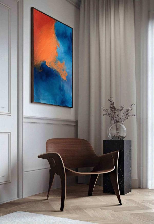 Blinded by Your Light, blue original abstract painting shown in a styled living room, by Nemanja Nikolic