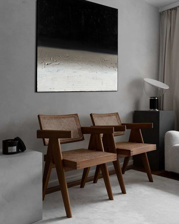 Blink Of An Eye, black original abstract painting shown in a styled living room, by Nemanja Nikolic