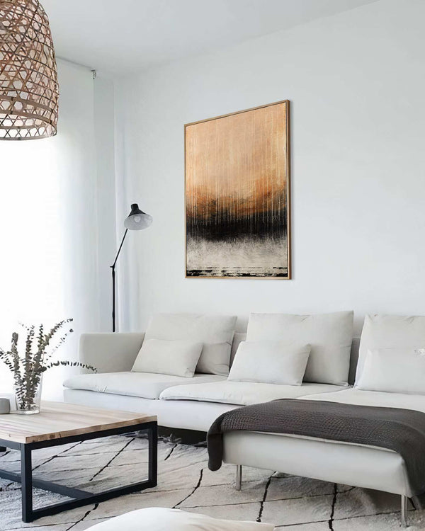 Boundless Through Space, orange original abstract painting shown in a styled living room, by Nemanja Nikolic