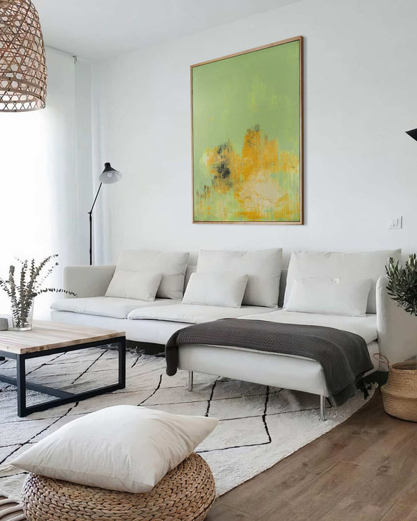 Broken Sunlight, green original abstract painting shown in a styled living room, by Nemanja Nikolic