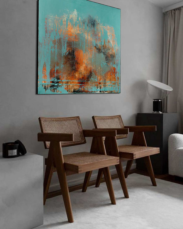 Broken Teal, teal original abstract painting shown in a styled living room, by Nemanja Nikolic