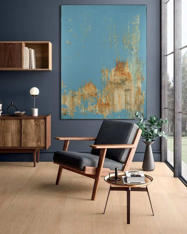 Burning Blue, blue original abstract painting shown in a modern interior, by Nemanja Nikolic