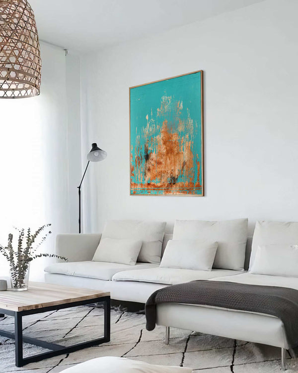 Caeruleus, turquoise original abstract painting shown in a styled living room, by Nemanja Nikolic