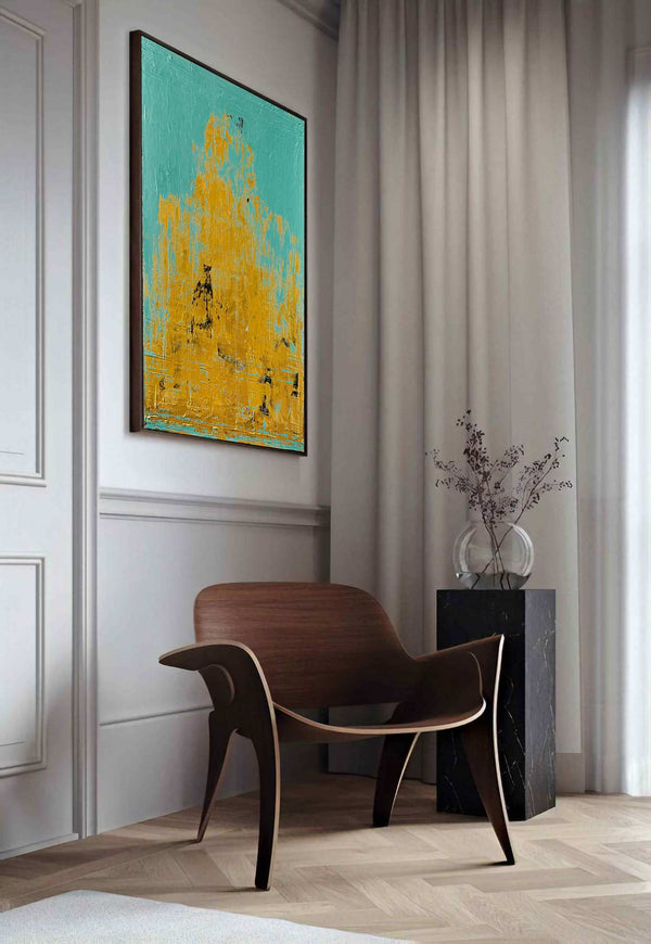 Calidum et Frigus, turquoise original abstract painting shown in a styled living room, by Nemanja Nikolic