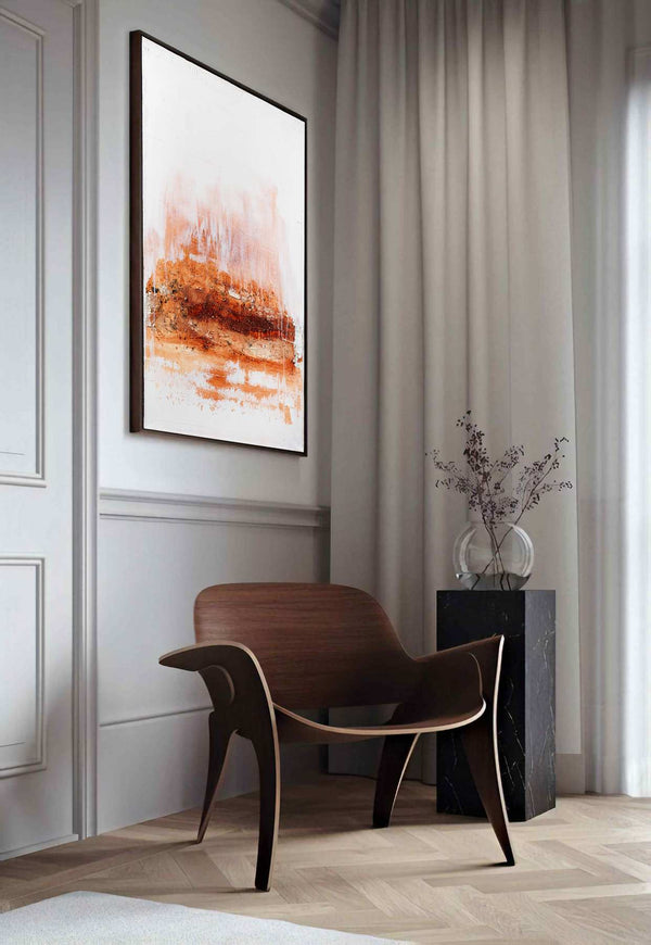 Caught in a Landslide, white original abstract painting shown in a styled living room, by Nemanja Nikolic