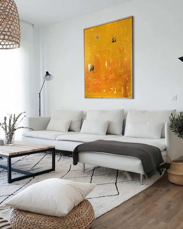 Chrysos, yellow original abstract painting shown in a styled living room, by Nemanja Nikolic