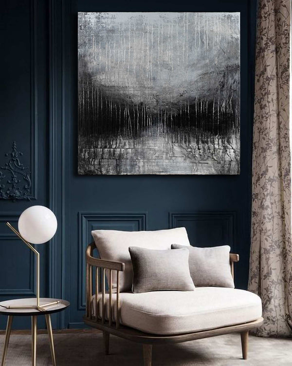 Cinereus, grey original abstract painting shown in a styled living room, by Nemanja Nikolic