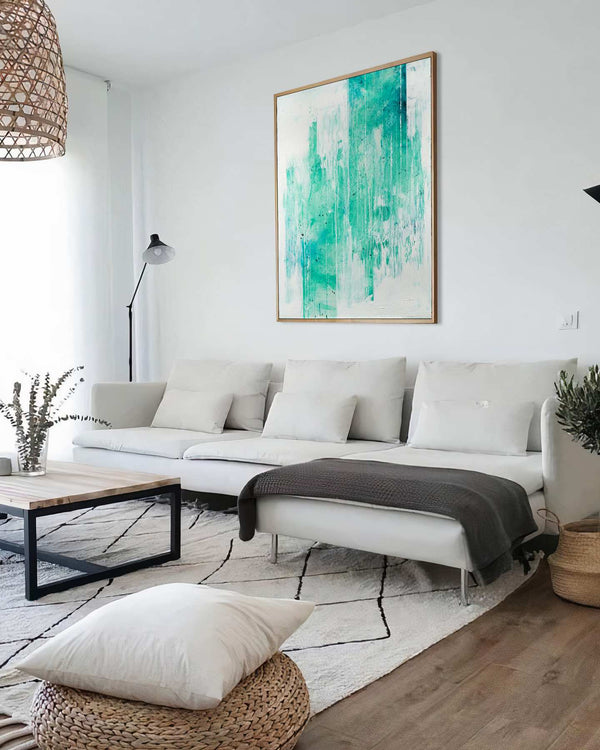 Cold Society, green original abstract painting shown in a styled living room, by Nemanja Nikolic