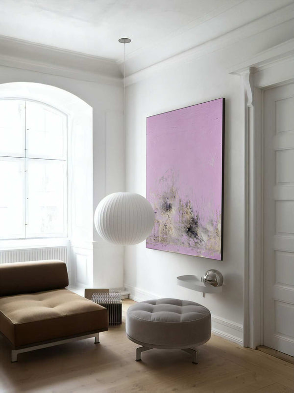 Colorful Escape, white original abstract painting shown in a styled living room, by Nemanja Nikolic