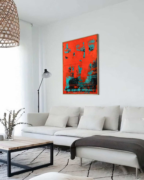 Auspice, red original abstract painting shown in a styled living room, by Nemanja Nikolic