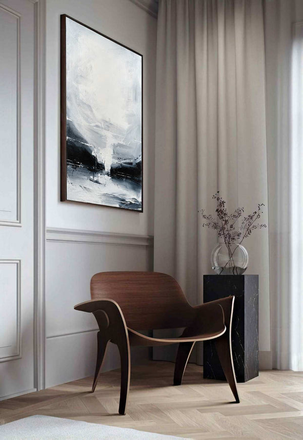 Concord, grey original abstract painting shown in a styled living room, by Nemanja Nikolic