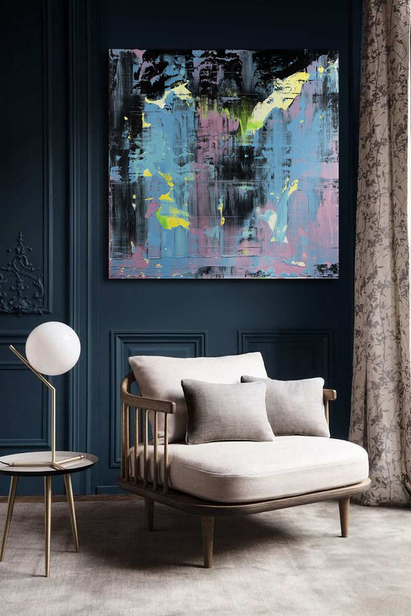 Continuum, white original abstract painting shown in a styled living room, by Nemanja Nikolic