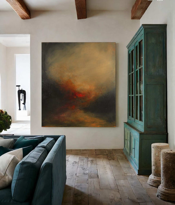 Crepuscule, brown original abstract painting shown in a styled living room, by Nemanja Nikolic