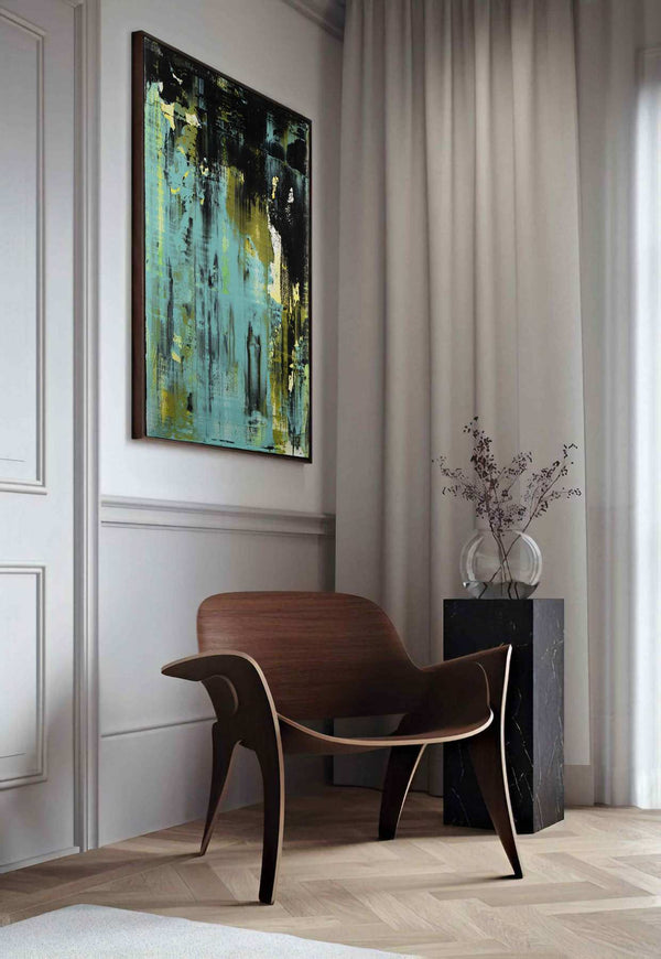 Critical Sequence, turquoise original abstract painting shown in a styled living room, by Nemanja Nikolic