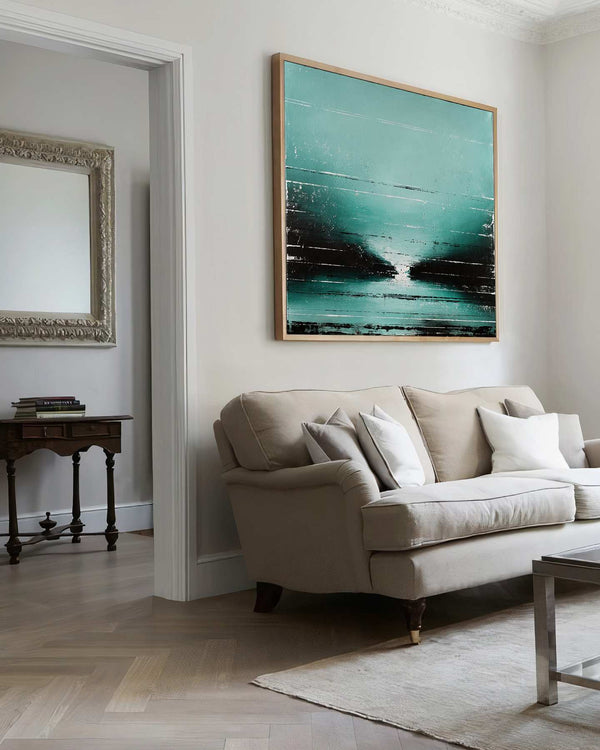 Crossing Lines, teal original abstract painting shown in a styled living room, by Nemanja Nikolic
