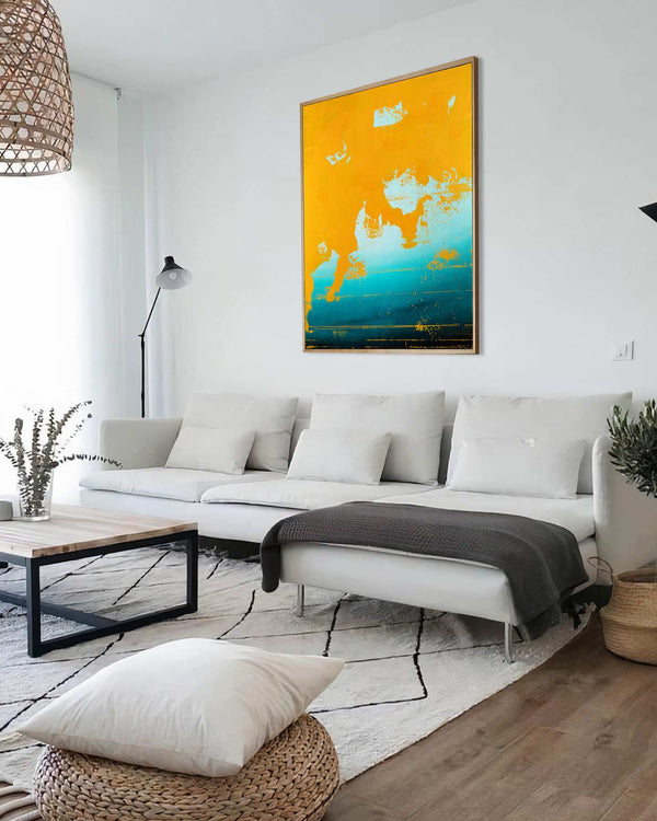 Dancing On My Own, orange original abstract painting shown in a styled living room, by Nemanja Nikolic
