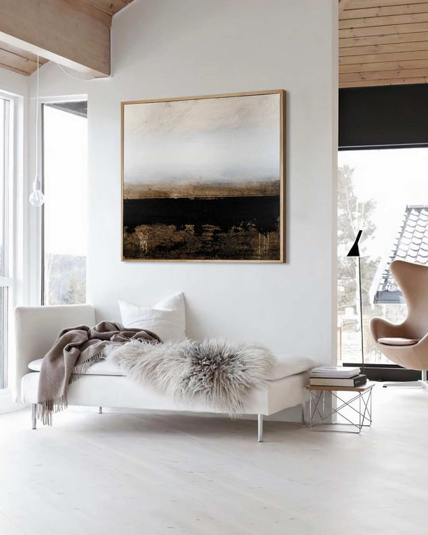 Dark Silhouette, beige original abstract painting shown in a styled living room, by Nemanja Nikolic