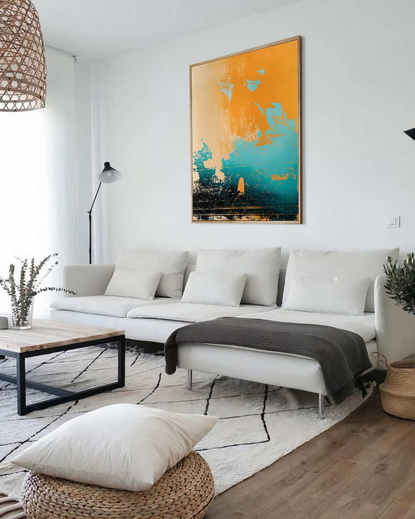 Daydreaming, orange original abstract painting shown in a styled living room, by Nemanja Nikolic