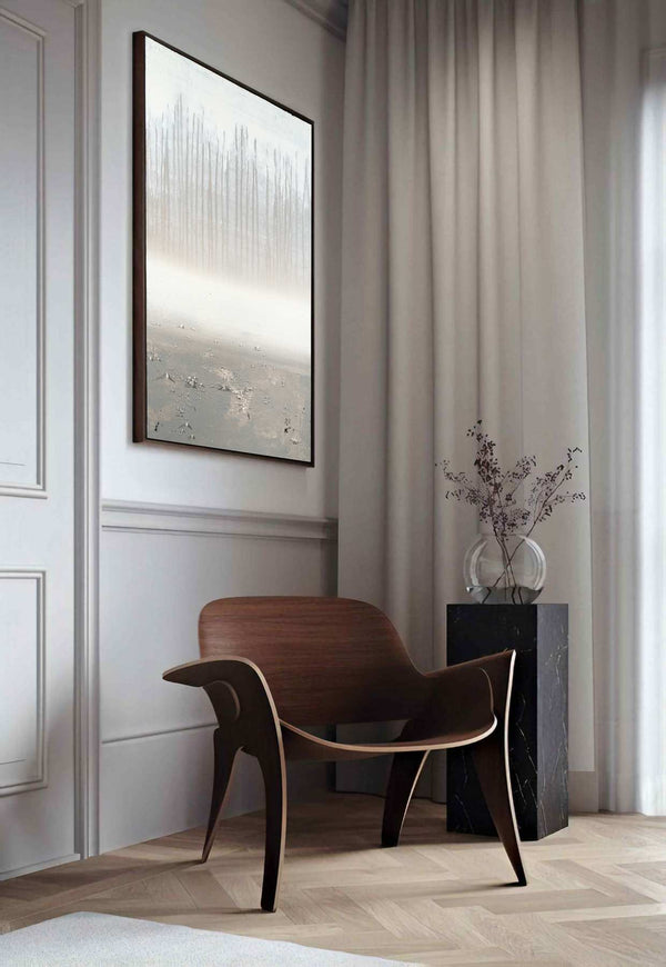 Desert Extracts, white original abstract painting shown in a styled living room, by Nemanja Nikolic