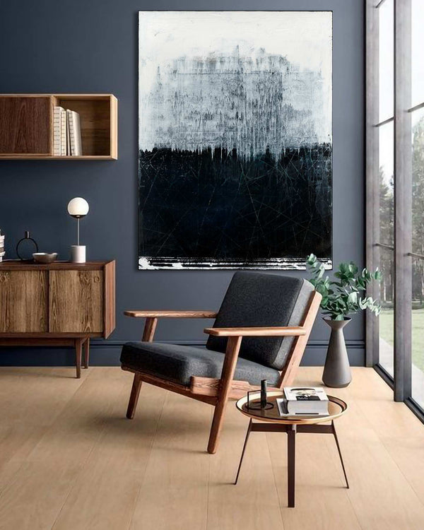 Divided, black original abstract painting shown in a modern interior, by Nemanja Nikolic