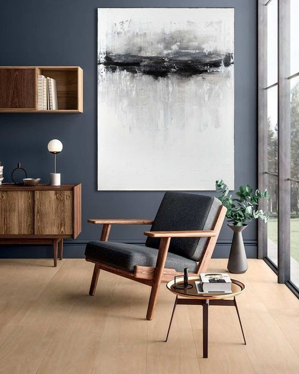 Down the Line, white original abstract painting shown in a styled living room, by Nemanja Nikolic