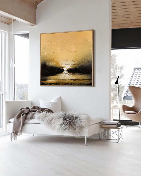 Down the River, gold original abstract painting shown in a styled living room, by Nemanja Nikolic