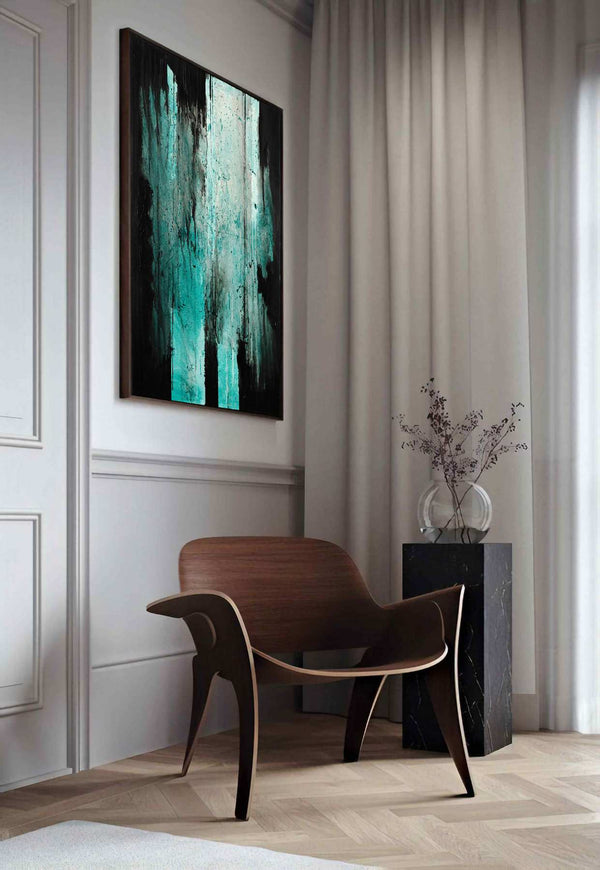 Eisschwarz, turquoise original abstract painting shown in a styled living room, by Nemanja Nikolic