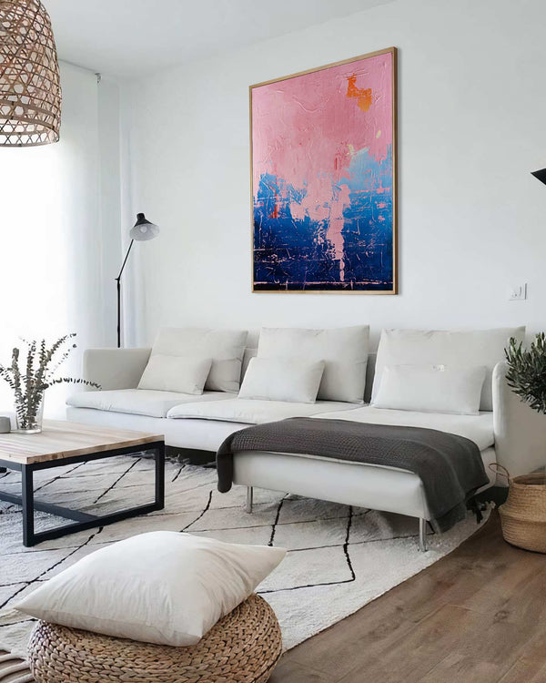 Elysian, pink original abstract painting shown in a styled living room, by Nemanja Nikolic