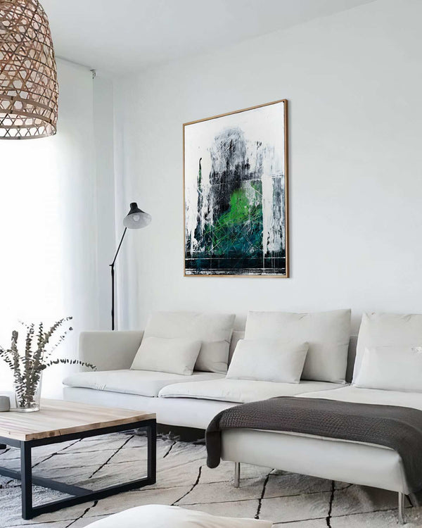 Emerald Sky, white original abstract painting shown in a styled living room, by Nemanja Nikolic