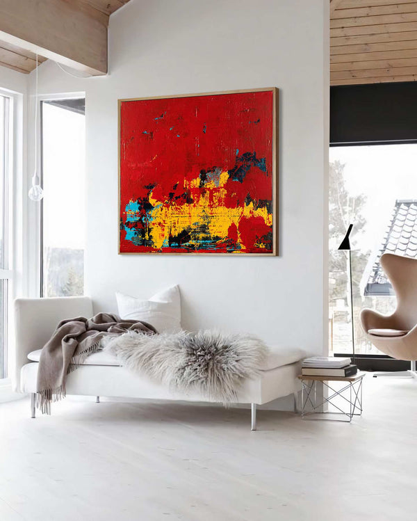 Endless Corridor, red original abstract painting shown in a styled living room, by Nemanja Nikolic