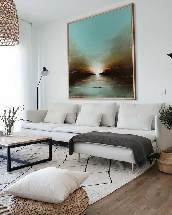 Endless Summer, turquoise original abstract painting shown in a styled living room, by Nemanja Nikolic