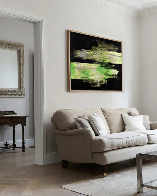 Endothermic, green original abstract painting shown in a styled living room, by Nemanja Nikolic
