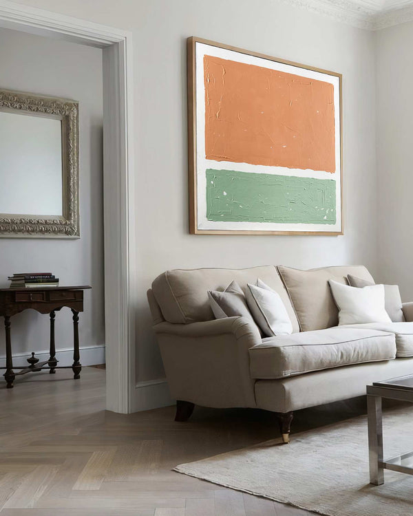 Enjoying The Silence, orange original abstract painting shown in a styled living room, by Nemanja Nikolic