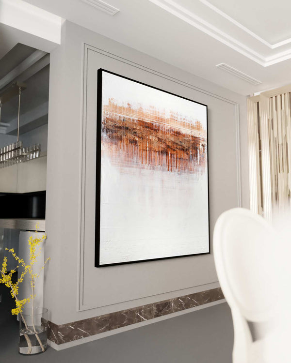 Epiphany, orange original abstract painting shown in a styled living room, by Nemanja Nikolic