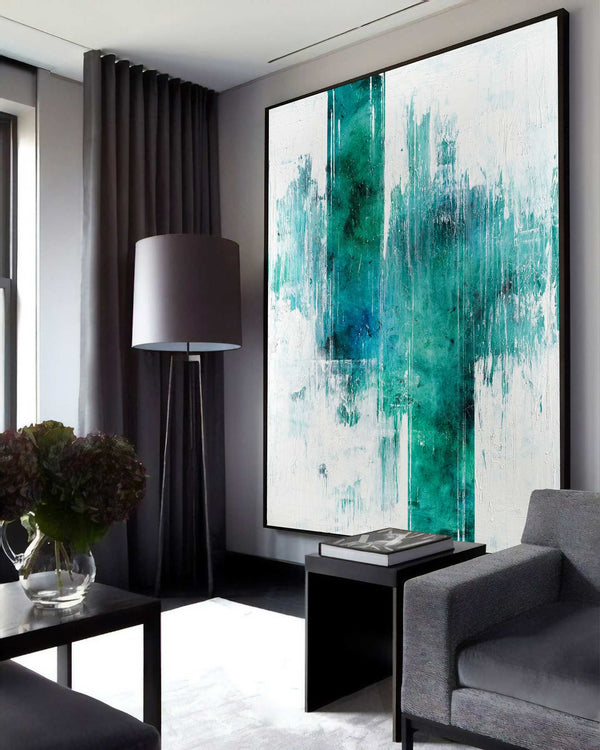 Equilibrium, green original abstract painting shown in a styled living room, by Nemanja Nikolic