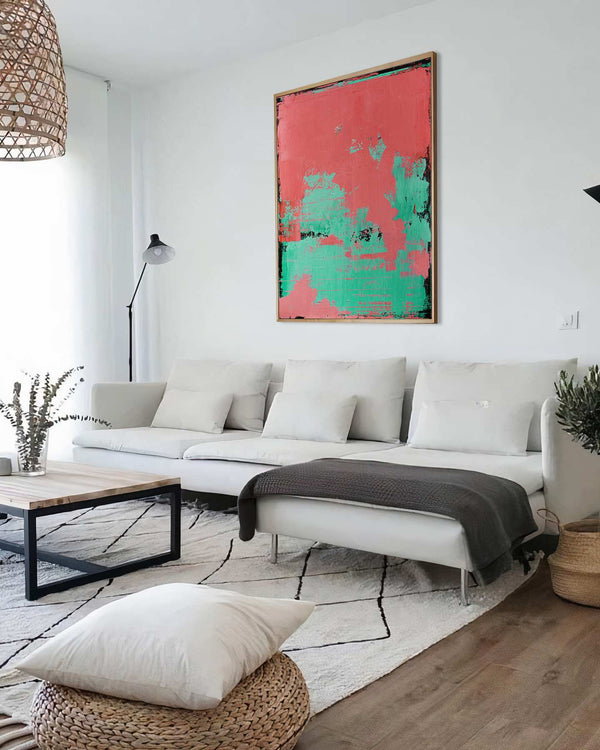 Excelsior, red original abstract painting shown in a styled living room, by Nemanja Nikolic