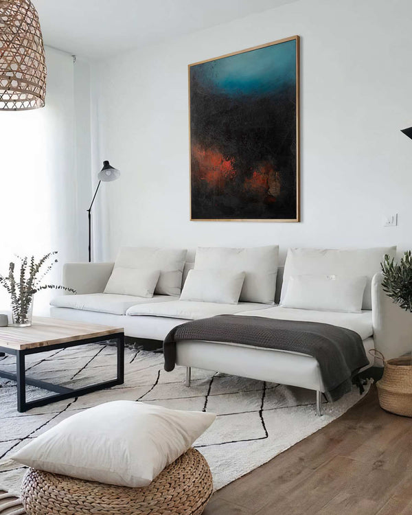 Exothermic, black original abstract painting shown in a styled living room, by Nemanja Nikolic