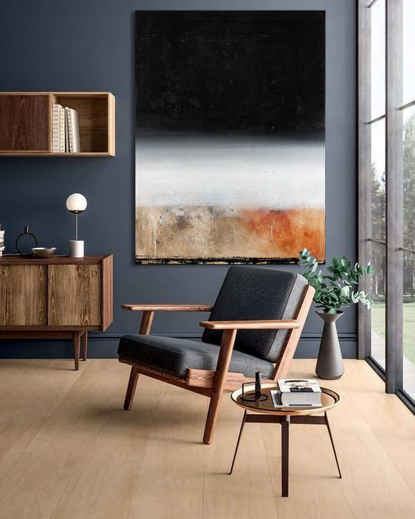 Fade to Black, black original abstract painting shown in a styled living room, by Nemanja Nikolic